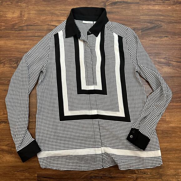 Halogen Black White Semi Sheer Button Down Top Geometric Print Dot Blouse XS - Picture 3 of 9